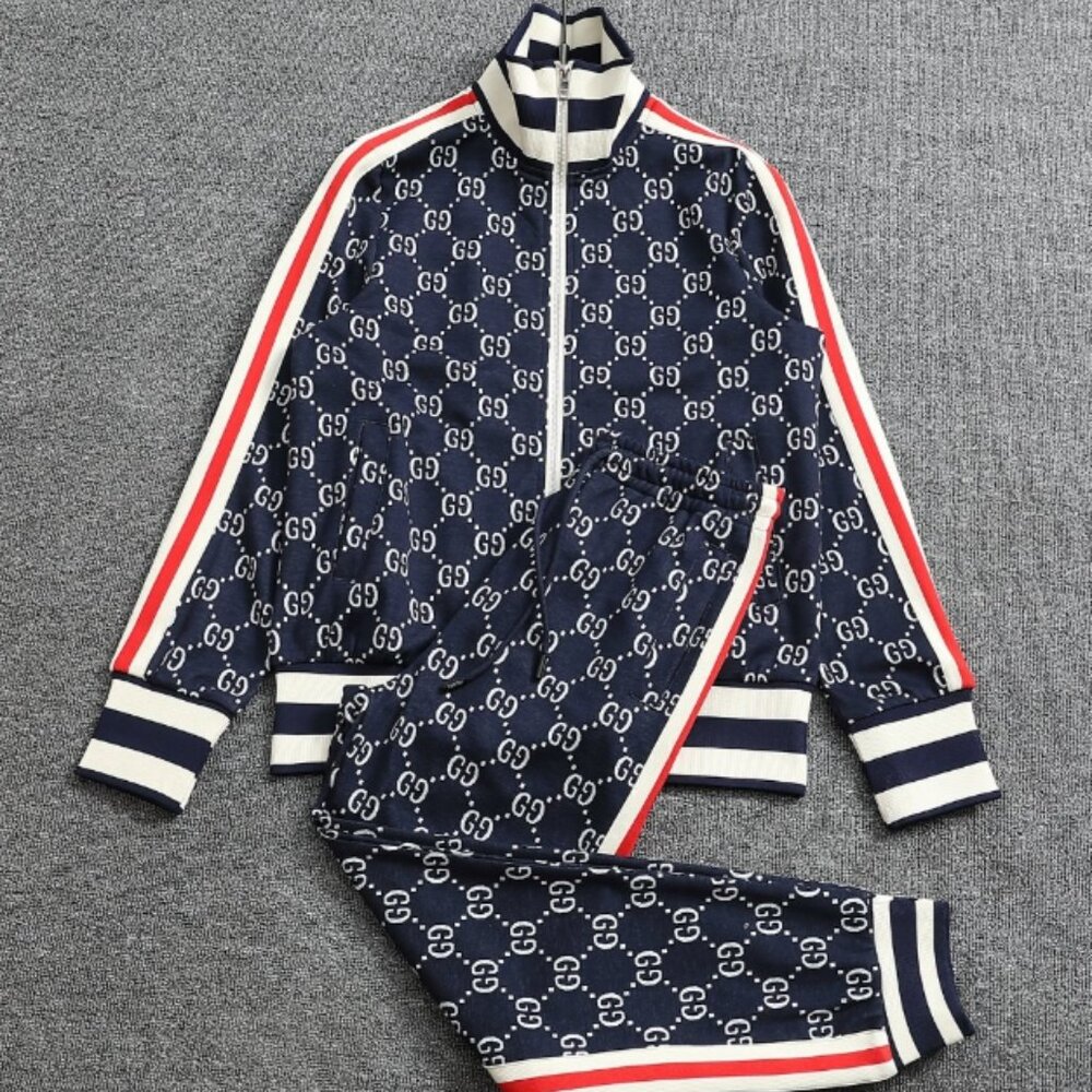 Gucci Blue and Red GG Monogram Bomber Jacket